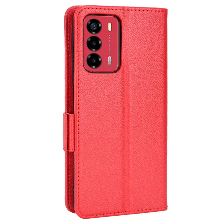 Litchi Texture Phone Case for ZTE Blade A72/Blade V40 Vita, Wallet PU Leather Cover with Adjustable Stand - Red