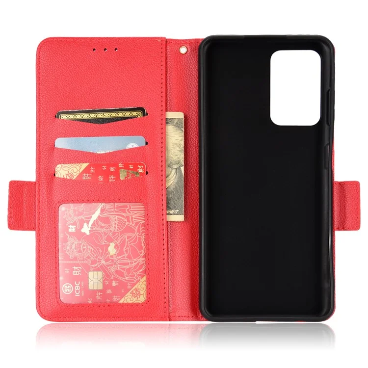 Litchi Texture Phone Case for ZTE Blade A72/Blade V40 Vita, Wallet PU Leather Cover with Adjustable Stand - Red