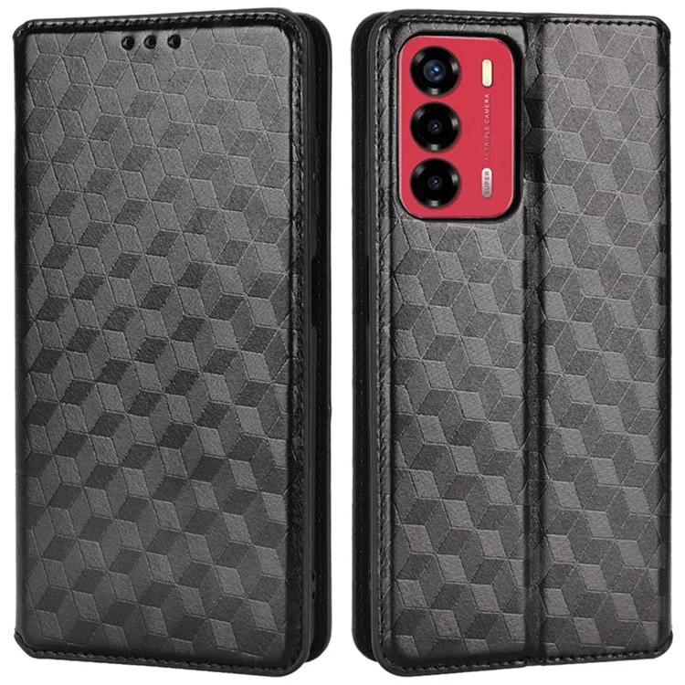 Pour ZTE Blade A72/Blade V40 Vita Rhombus Imprinted Phone Case Magnetic Auto Closing PU Leather Wallet Stand Shell - Noir