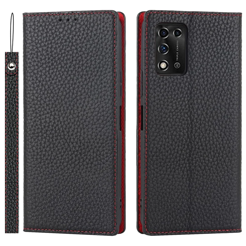 Litchi Texture Genuine Leather Case for ZTE Libero 5G II, Wallet Stand Protective Phone Cover with Hand Strap - Black