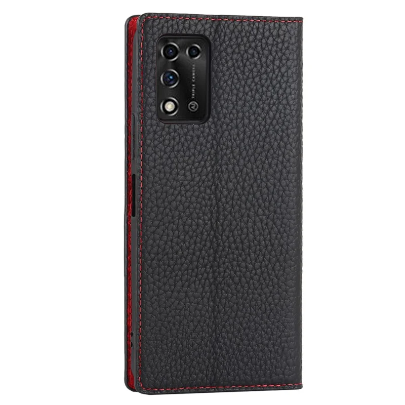Litchi Texture Genuine Leather Case for ZTE Libero 5G II, Wallet Stand Protective Phone Cover with Hand Strap - Black
