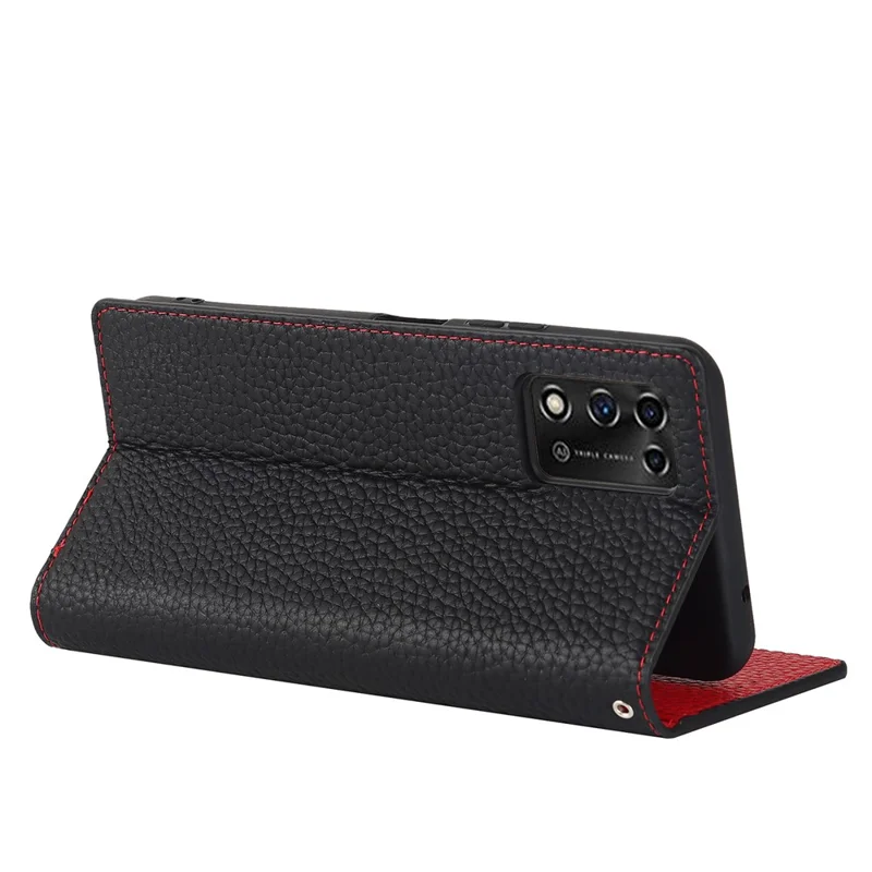 Litchi Texture Genuine Leather Case for ZTE Libero 5G II, Wallet Stand Protective Phone Cover with Hand Strap - Black