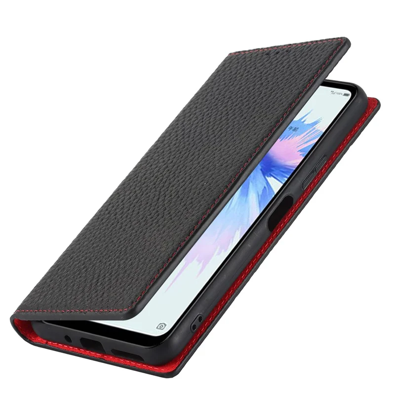 Litchi Texture Genuine Leather Case for ZTE Libero 5G II, Wallet Stand Protective Phone Cover with Hand Strap - Black