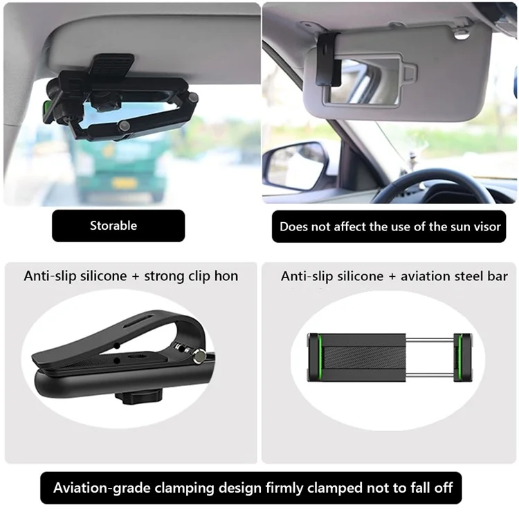 JY-055 Sun Visor Car Telefonhalter Montieren Multifunktionale Mobiltelefonständer Universelle Verstellbare Armrockung Telefon Clip Mount - Schwarz