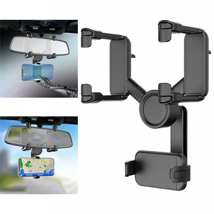 JY-055 Car Rearview Mirror Mobile Phone Stand Navigation Bracket Adjustable Rotation Mobile Phone Holder Mount - Black