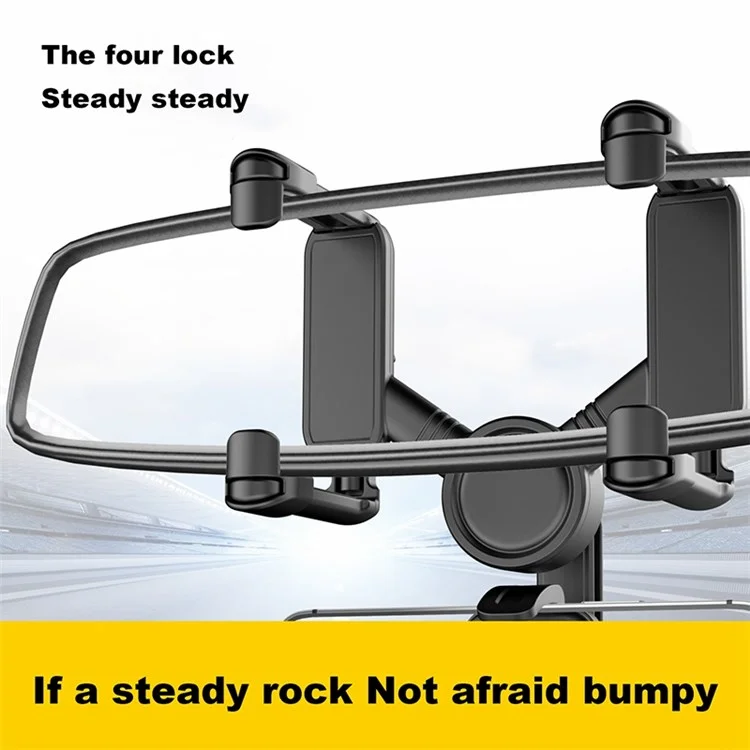 JY-055 Car Rearview Mirror Mobile Phone Stand Navigation Bracket Adjustable Rotation Mobile Phone Holder Mount - Black