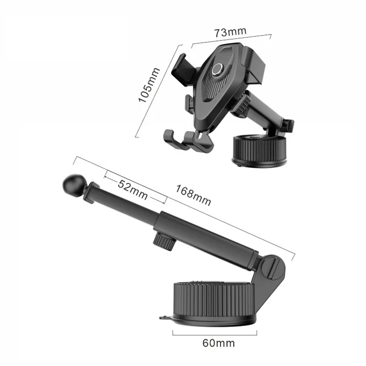 JY-052 Long Arm Suction Cup Phone Mount Car Dashboard Windshield Hands-Free Cell Phone Holder for Smart Devices Between 68mm-95mm Width - Grey
