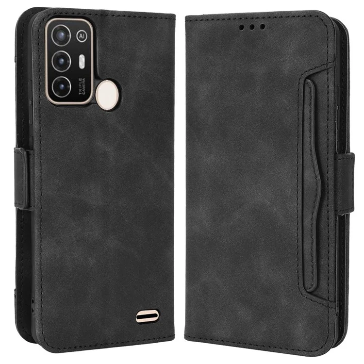 Multiple Card Slots Phone Case for ZTE Blade A52, PU Leather Stand Wallet Double Magnetic Clasp Cover - Black