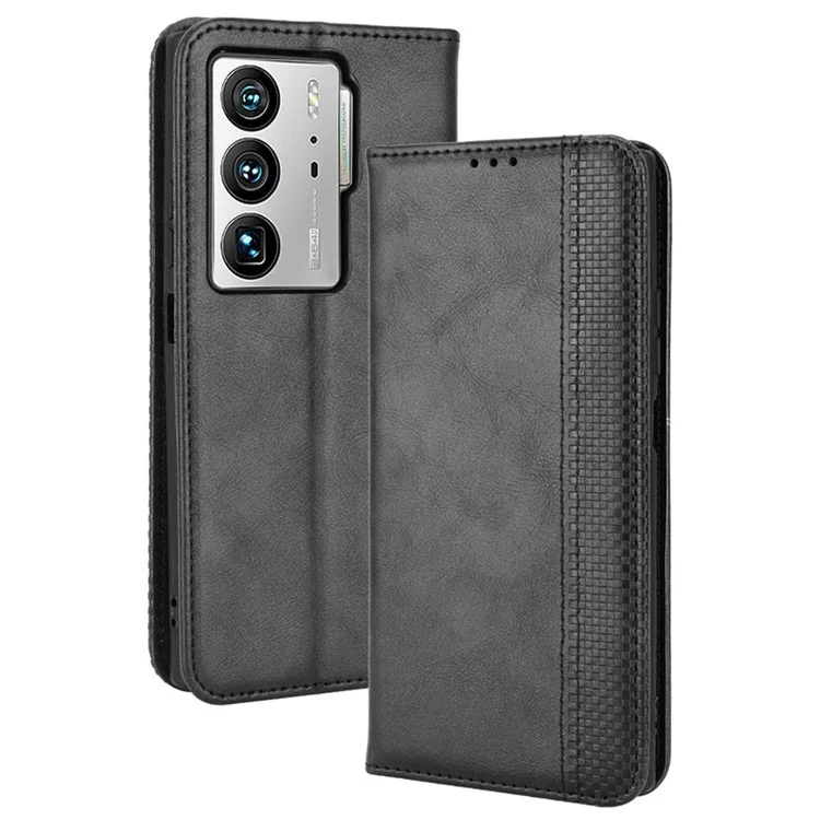 For ZTE Axon 40 Ultra 5G Stand Wallet PU Leather Cover Magnetic Auto Closure Retro Texture Phone Case - Black