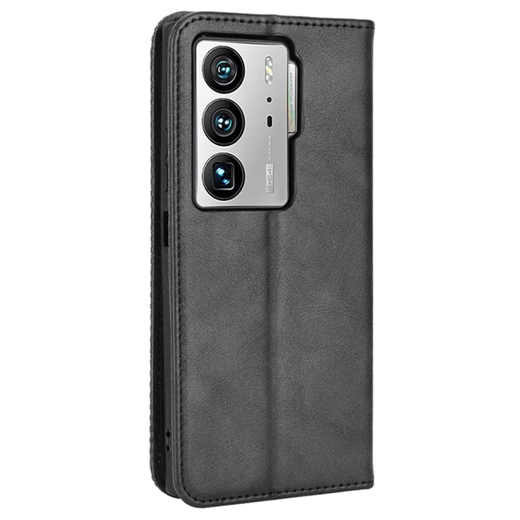 For ZTE Axon 40 Ultra 5G Stand Wallet PU Leather Cover Magnetic Auto Closure Retro Texture Phone Case - Black