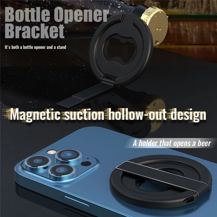 R-JUST SJ20-1 Magnetic Ring Holder for iPhone 13/12 Series Bottle Opener Bracket Removable Mobile Phone Grip - Black