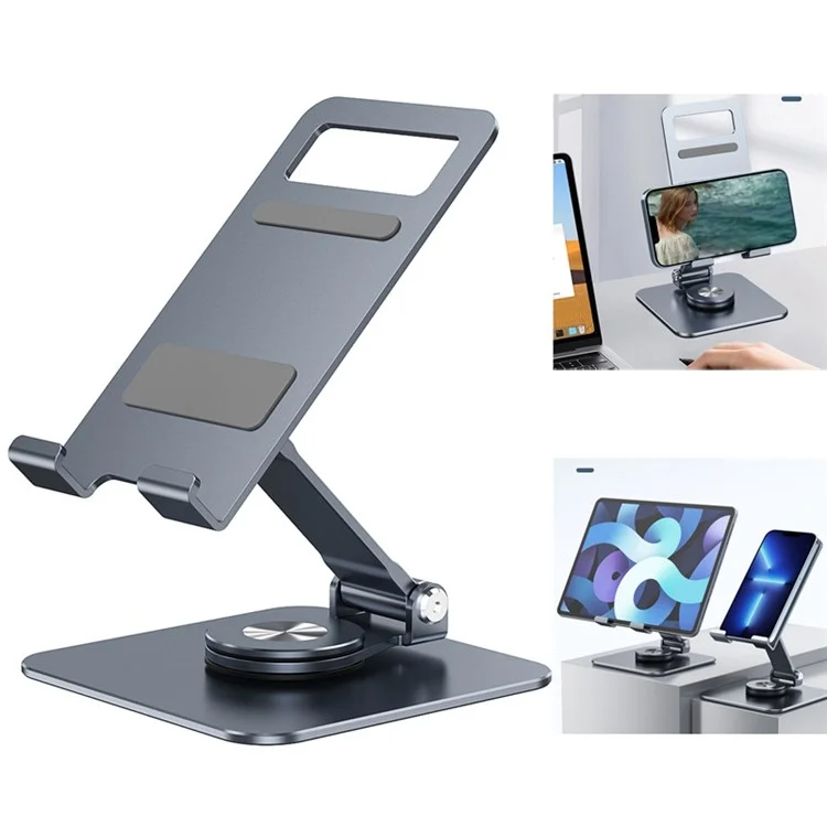 LK 360 Degree Rotatable Double Folding Stand Aluminum Alloy Desktop Bracket for Mobile Phone Tablet - Dark Grey