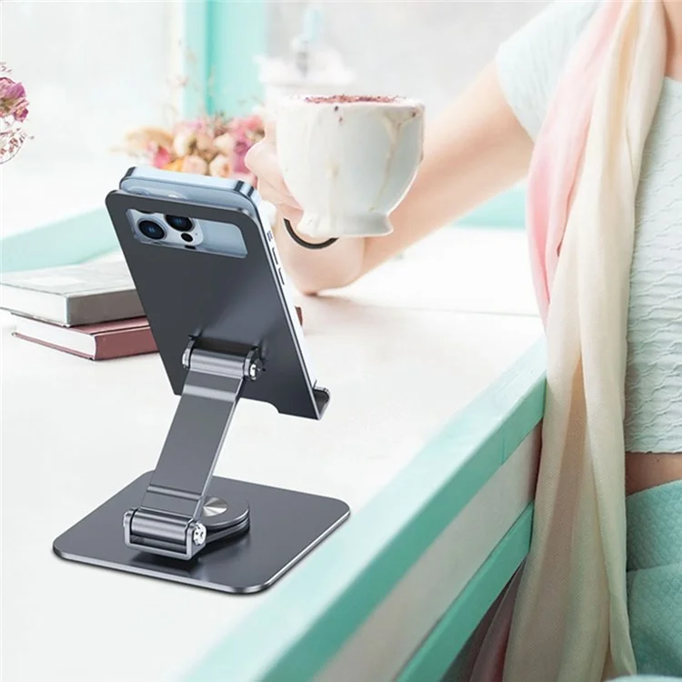 LK 360 Degree Rotatable Double Folding Stand Aluminum Alloy Desktop Bracket for Mobile Phone Tablet - Dark Grey