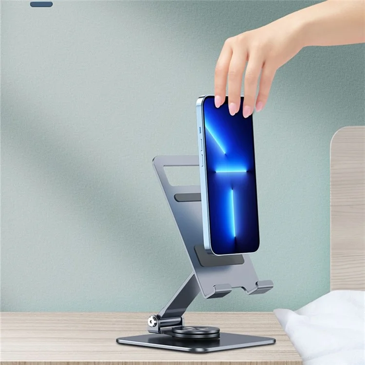 LK 360 Degree Rotatable Double Folding Stand Aluminum Alloy Desktop Bracket for Mobile Phone Tablet - Dark Grey