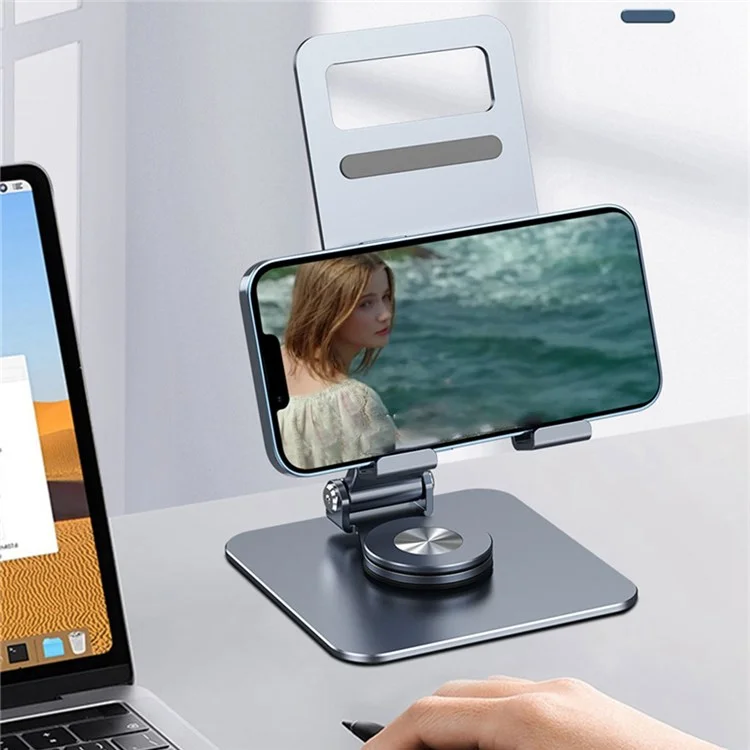 LK 360 Degree Rotatable Double Folding Stand Aluminum Alloy Desktop Bracket for Mobile Phone Tablet - Dark Grey
