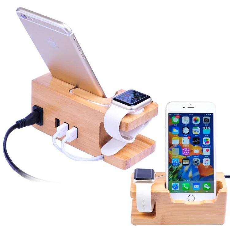 Carbonized Bamboo 3 USB Ports Desktop Charging Station Apple Watch Charger Dock Mount - US Plug