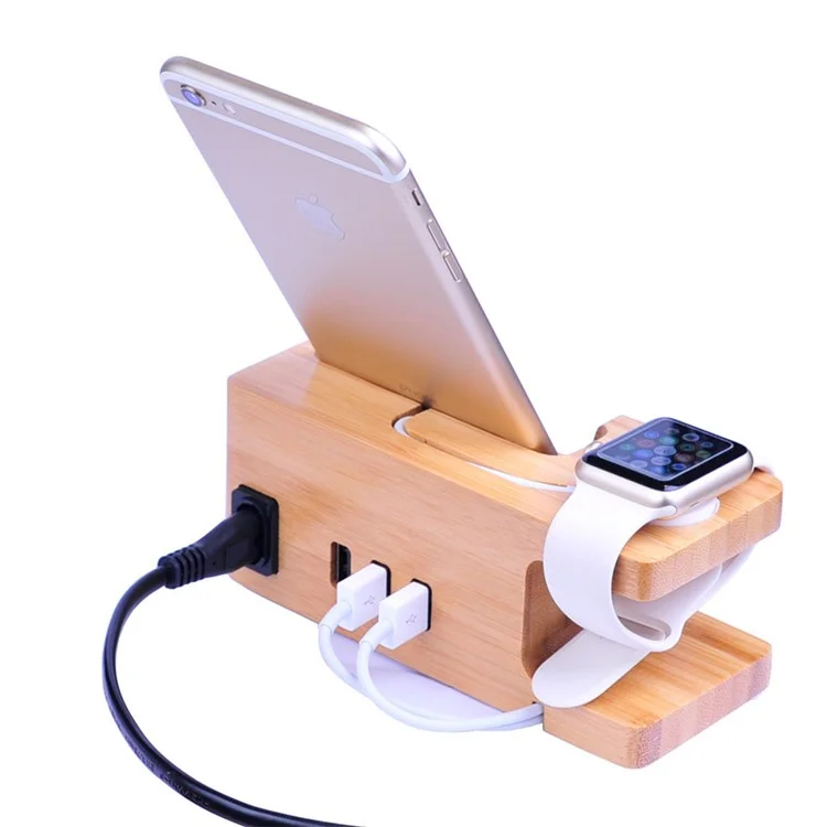 Carbonized Bamboo 3 USB Ports Desktop Charging Station Apple Watch Charger Dock Mount - US Plug