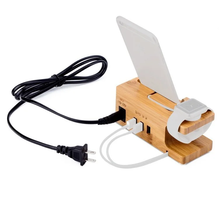 Carbonized Bamboo 3 USB Ports Desktop Charging Station Apple Watch Charger Dock Mount - US Plug