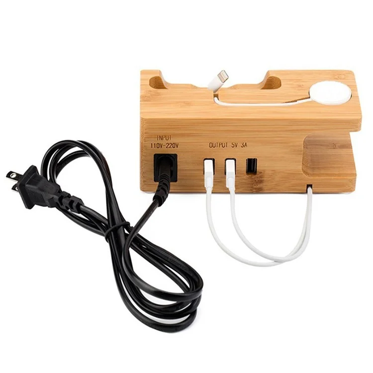 Carbonized Bamboo 3 USB Ports Desktop Charging Station Apple Watch Charger Dock Mount - US Plug