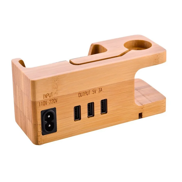 Carbonized Bamboo Desktop Apple Watch Charger Dock with 3 USB Ports Charging Station -  UK Plug