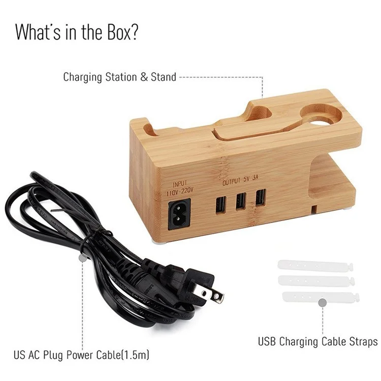 Carbonized Bamboo Desktop Apple Watch Charger Dock with 3 USB Ports Charging Station -  UK Plug