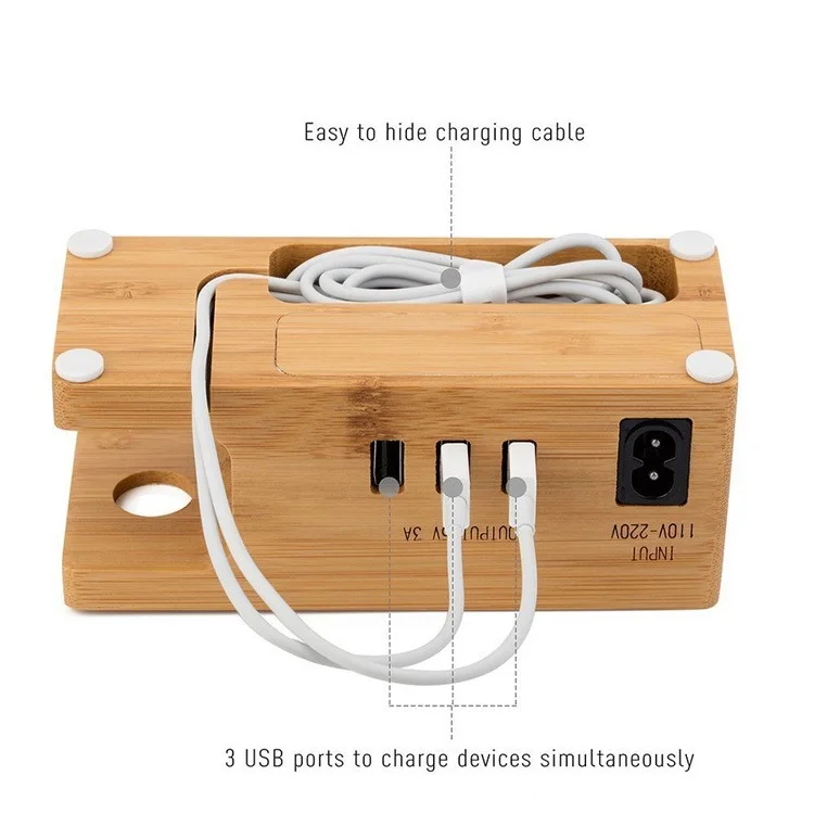 Carbonized Bamboo Desktop Apple Watch Charger Dock with 3 USB Ports Charging Station -  UK Plug