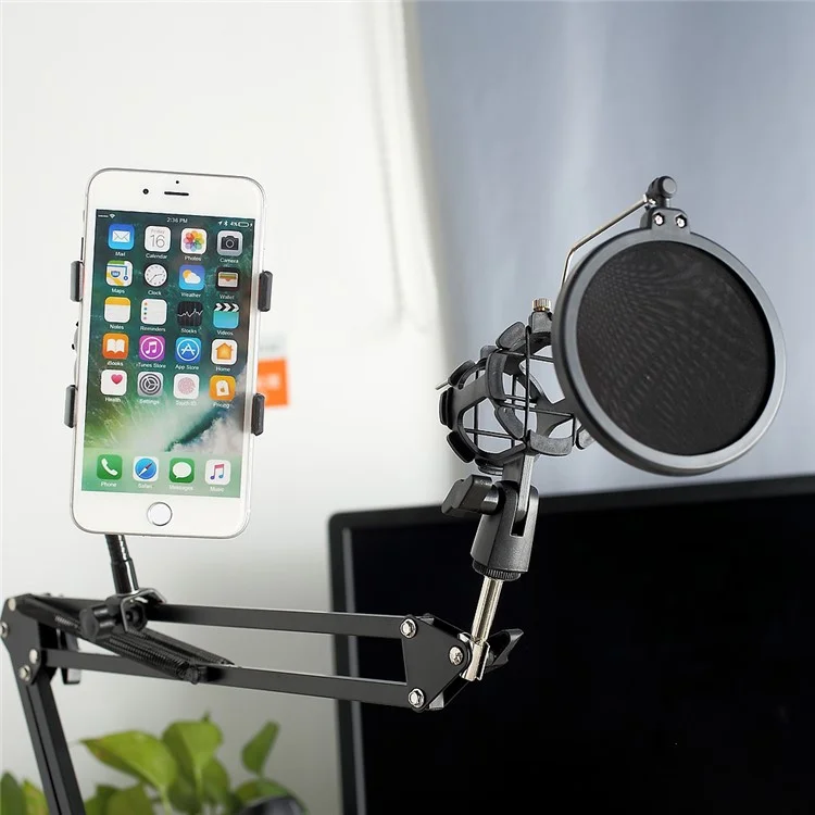 Desktop Recording Microphone Stand Studio Boom Arm with Phone Clamp for Broadcasting/ Phone Karaoke
