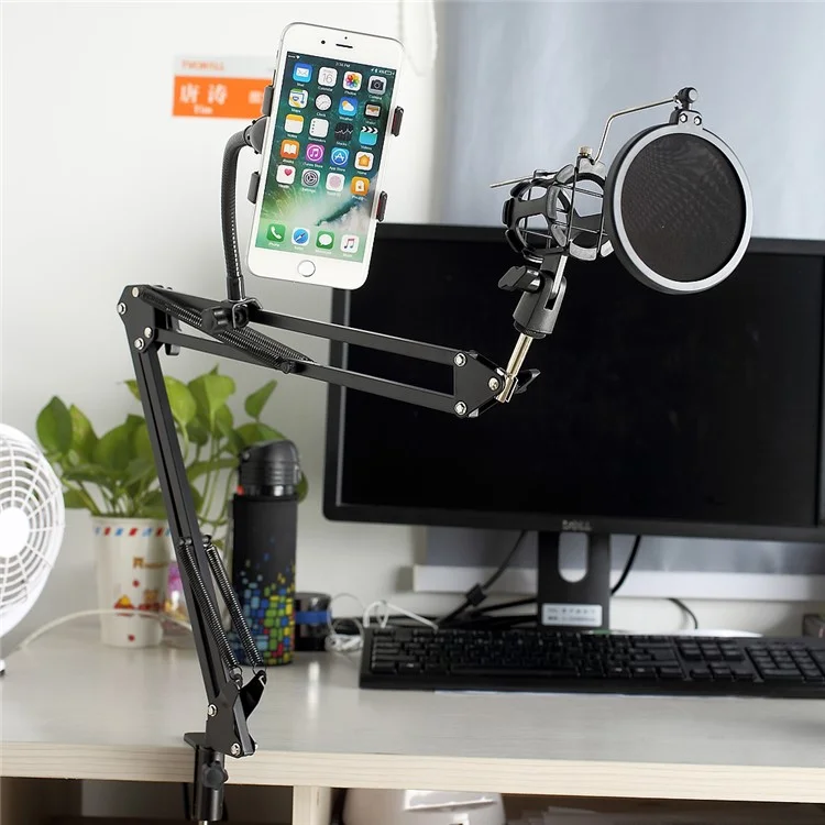 Desktop Recording Microphone Stand Studio Boom Arm with Phone Clamp for Broadcasting/ Phone Karaoke