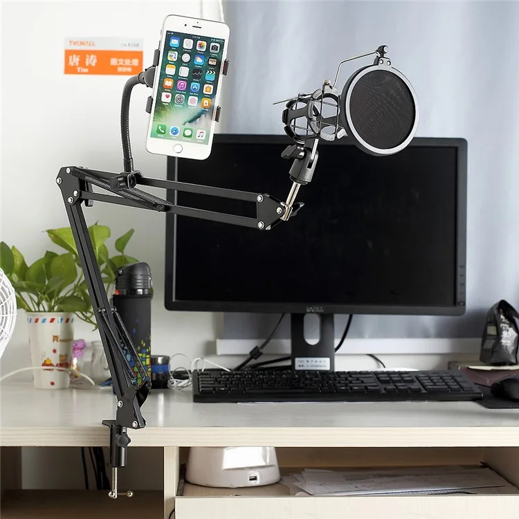 Desktop Recording Microphone Stand Studio Boom Arm with Phone Clamp for Broadcasting/ Phone Karaoke