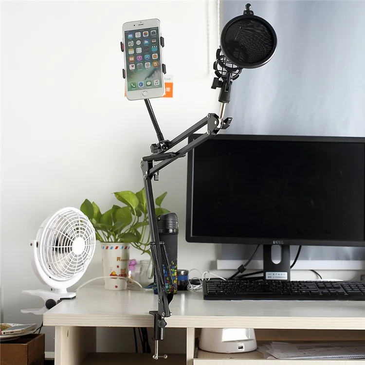 Desktop Recording Microphone Stand Studio Boom Arm with Phone Clamp for Broadcasting/ Phone Karaoke