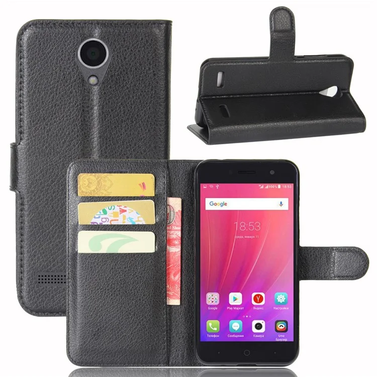 Litchi Skin Wallet Leather Stand Case for ZTE Blade A520 - Black