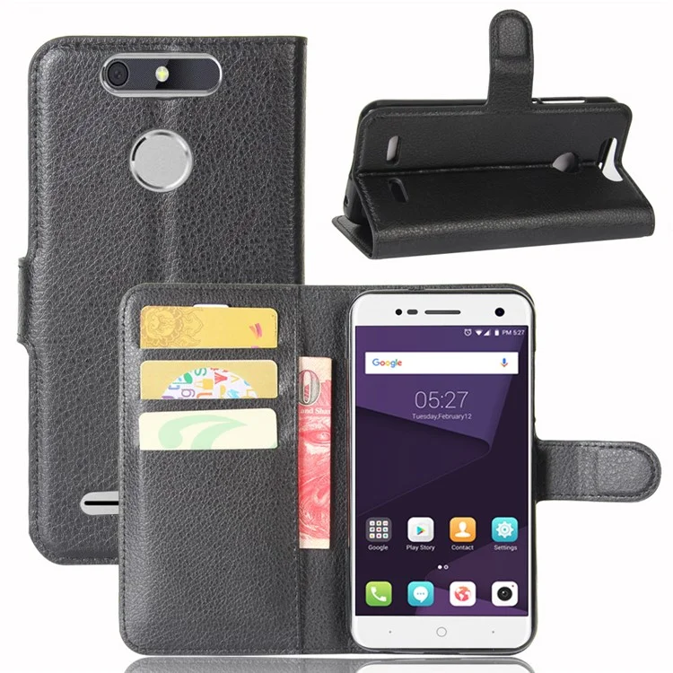 Litchi Skin Leather Wallet Case for ZTE Blade V8 Lite - Black