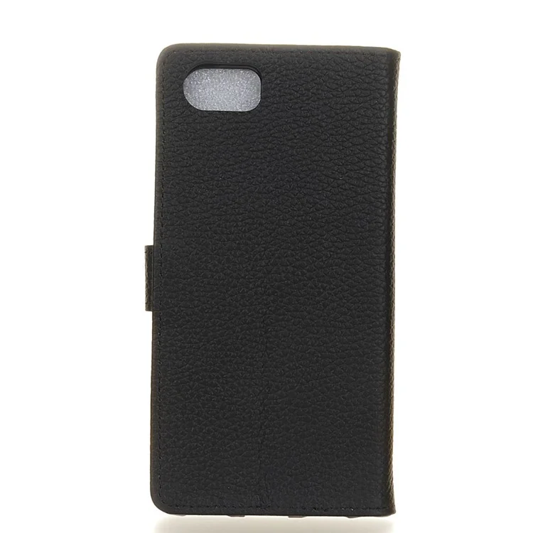 For BlackBerry Motion Litchi Grain Genuine Leather Wallet Stand Case - Black