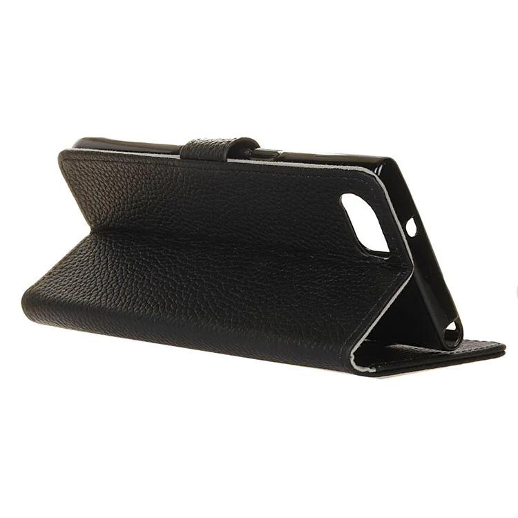 For BlackBerry Motion Litchi Grain Genuine Leather Wallet Stand Case - Black