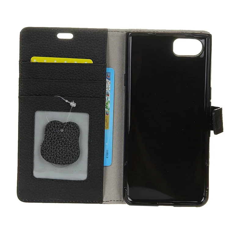 For BlackBerry Motion Litchi Grain Genuine Leather Wallet Stand Case - Black