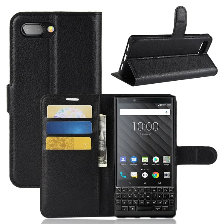 Litchi Texture Wallet Stand De Cuero Funda Telefónica Para Blackberry Key2 - Negro