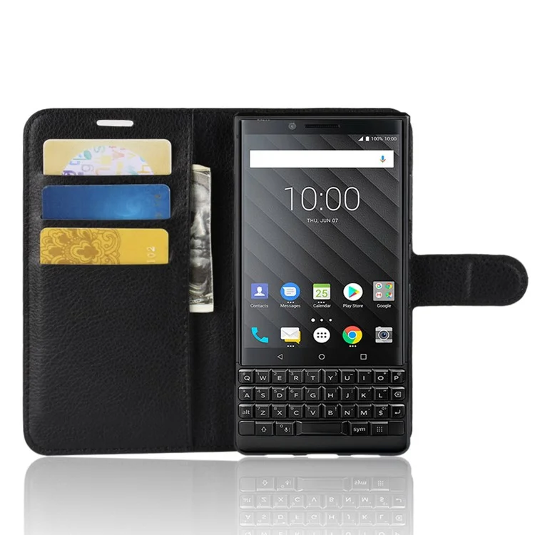 Litchi Texture Wallet Stand Leather Phone Case for BlackBerry Key2 - Black