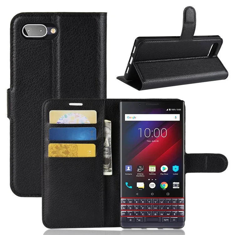 Litchi Skin PU Leather Magnetic Wallet Stand Phone Cover per BlackBerry KEY2 LE - Nero