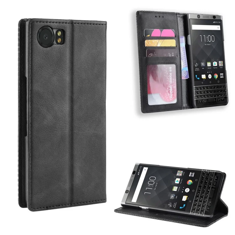 Vintage Style Auto-absorbed PU Leather Mobile Cover with Wallet Stand for BlackBerry Keyone - Black