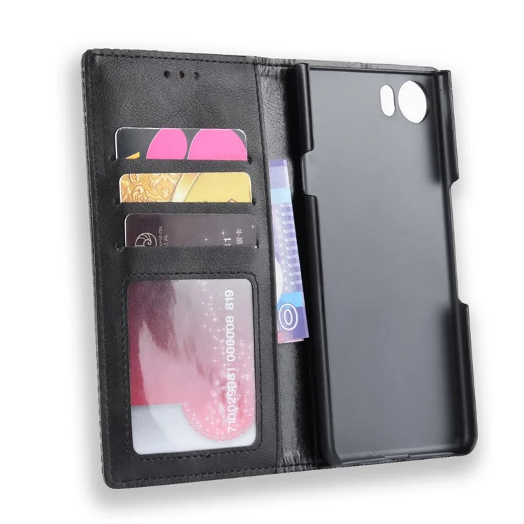Vintage Style Auto-absorbed PU Leather Mobile Cover with Wallet Stand for BlackBerry Keyone - Black