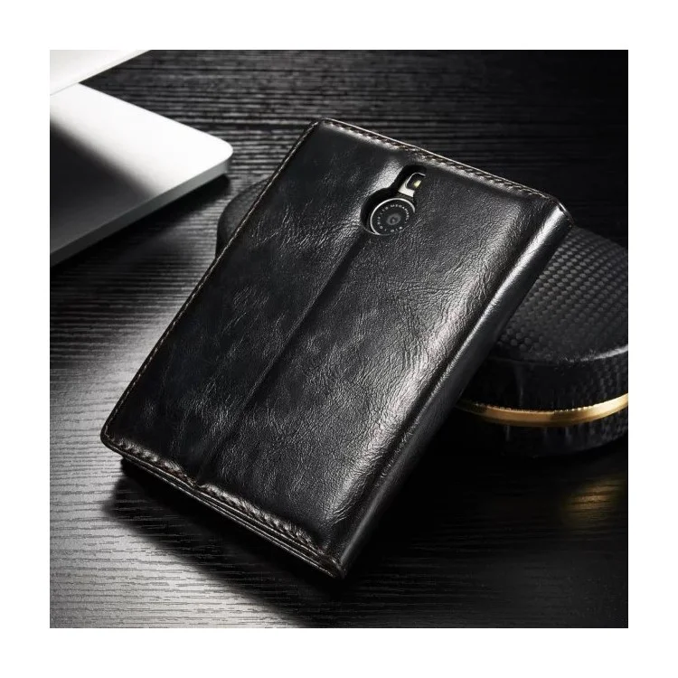CASEME for BlackBerry Passport Silver Edition Oil Wax Leather Flip Case - Black