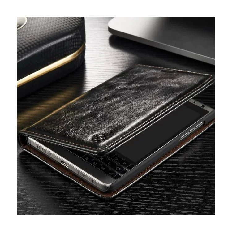 CASEME for BlackBerry Passport Silver Edition Oil Wax Leather Flip Case - Black