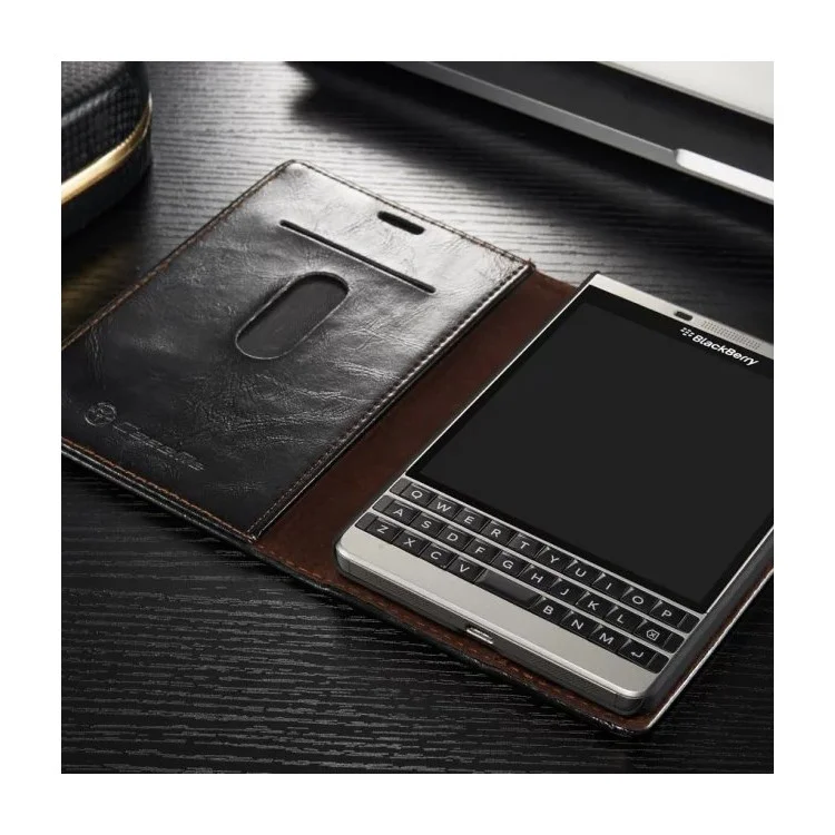 CASEME for BlackBerry Passport Silver Edition Oil Wax Leather Flip Case - Black