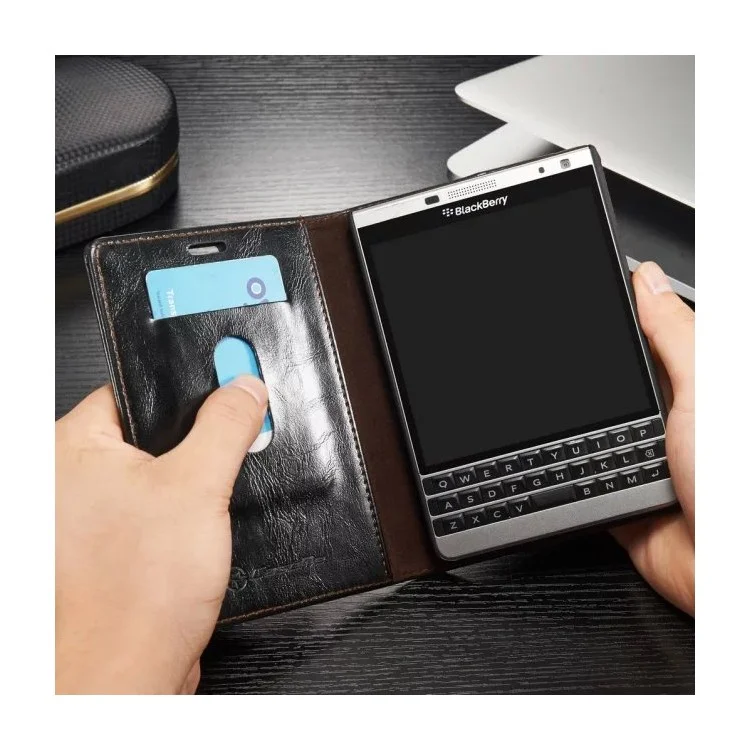 CASEME for BlackBerry Passport Silver Edition Oil Wax Leather Flip Case - Black