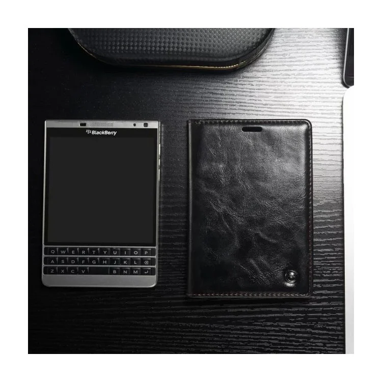 CASEME for BlackBerry Passport Silver Edition Oil Wax Leather Flip Case - Black