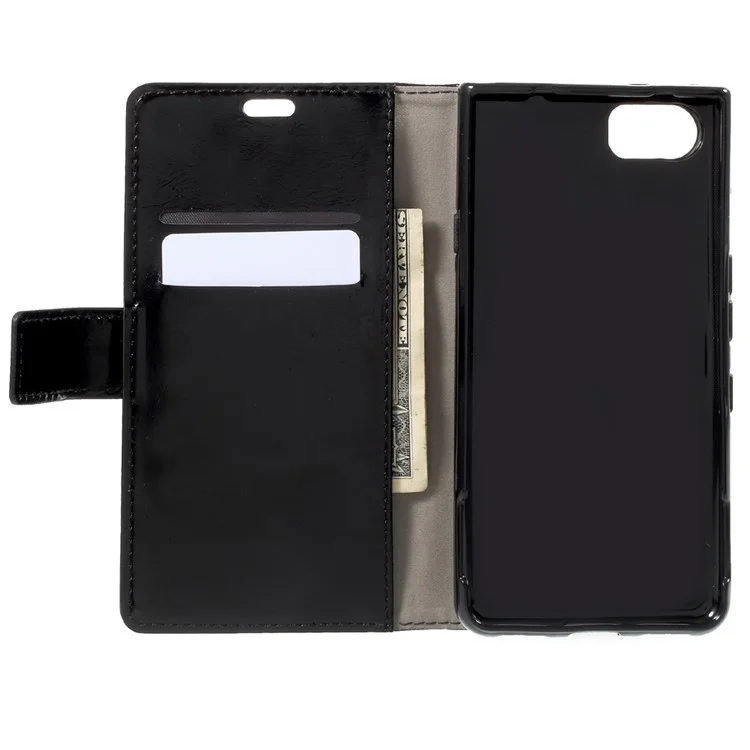 Crazy Horse Grain PU Leather Wallet Case with Stand for BlackBerry Keyone - Black