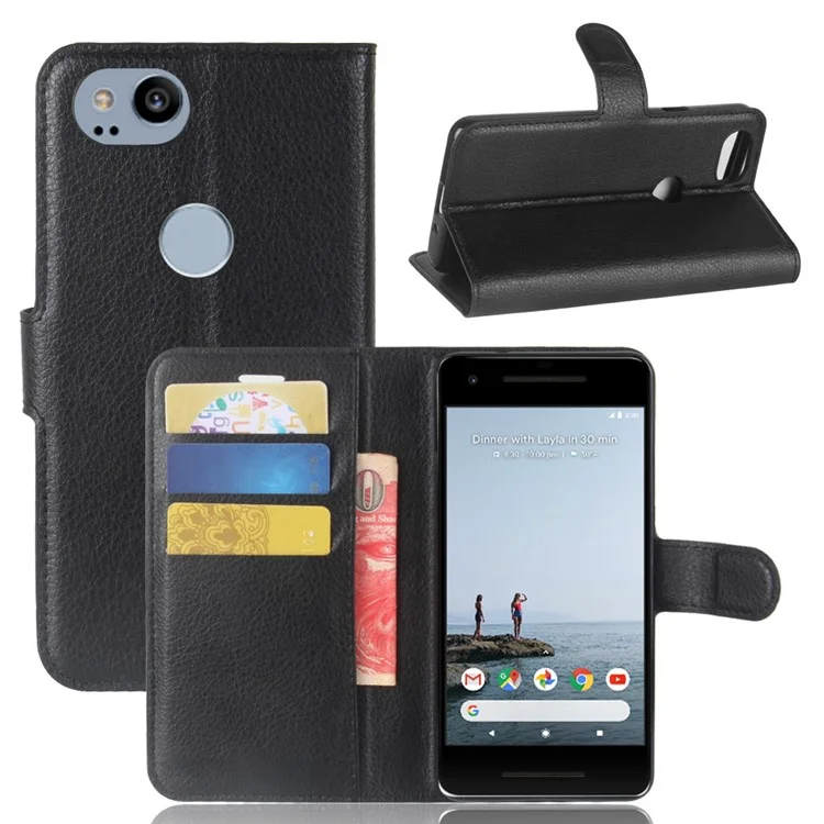 Litchi Skin Wallet Leather Stand Case for Google Pixel 2 XL - Black