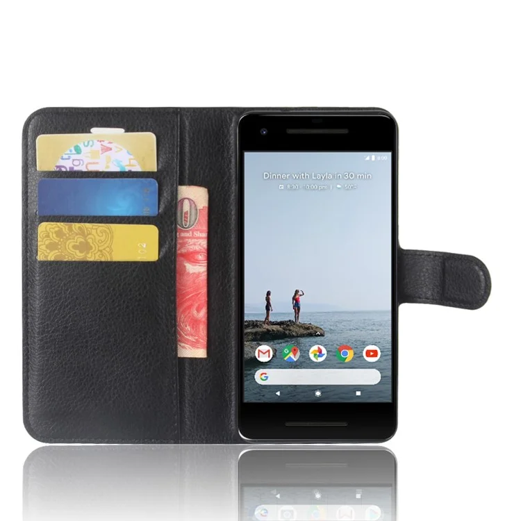 Litchi Skin Wallet Leather Stand Case for Google Pixel 2 XL - Black