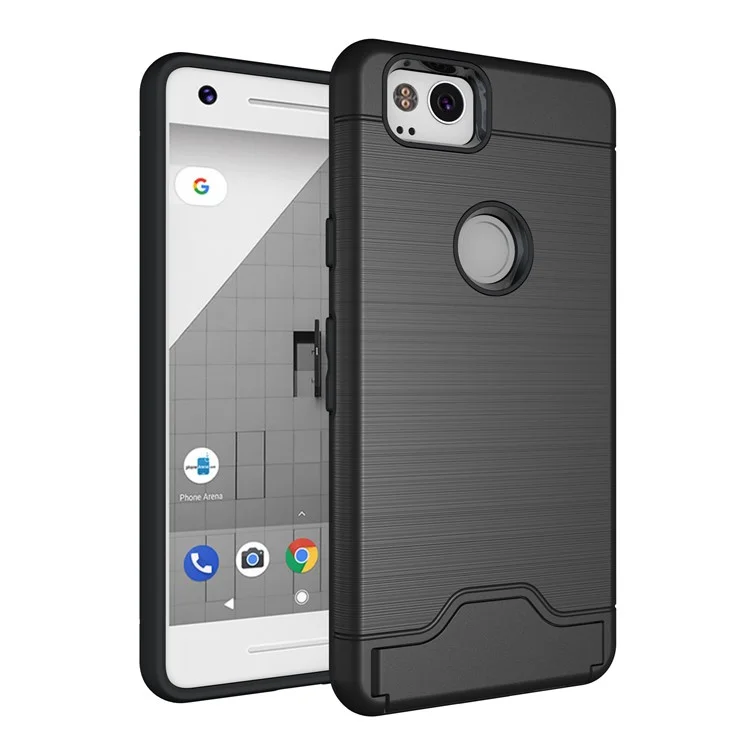 Brushed PC TPU Hybrid Kickstand Case with Card Slot for Google Pixel 2 - Black