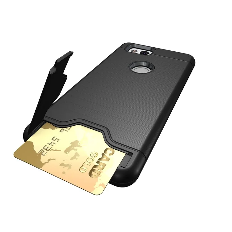 Brushed PC TPU Hybrid Kickstand Case with Card Slot for Google Pixel 2 - Black